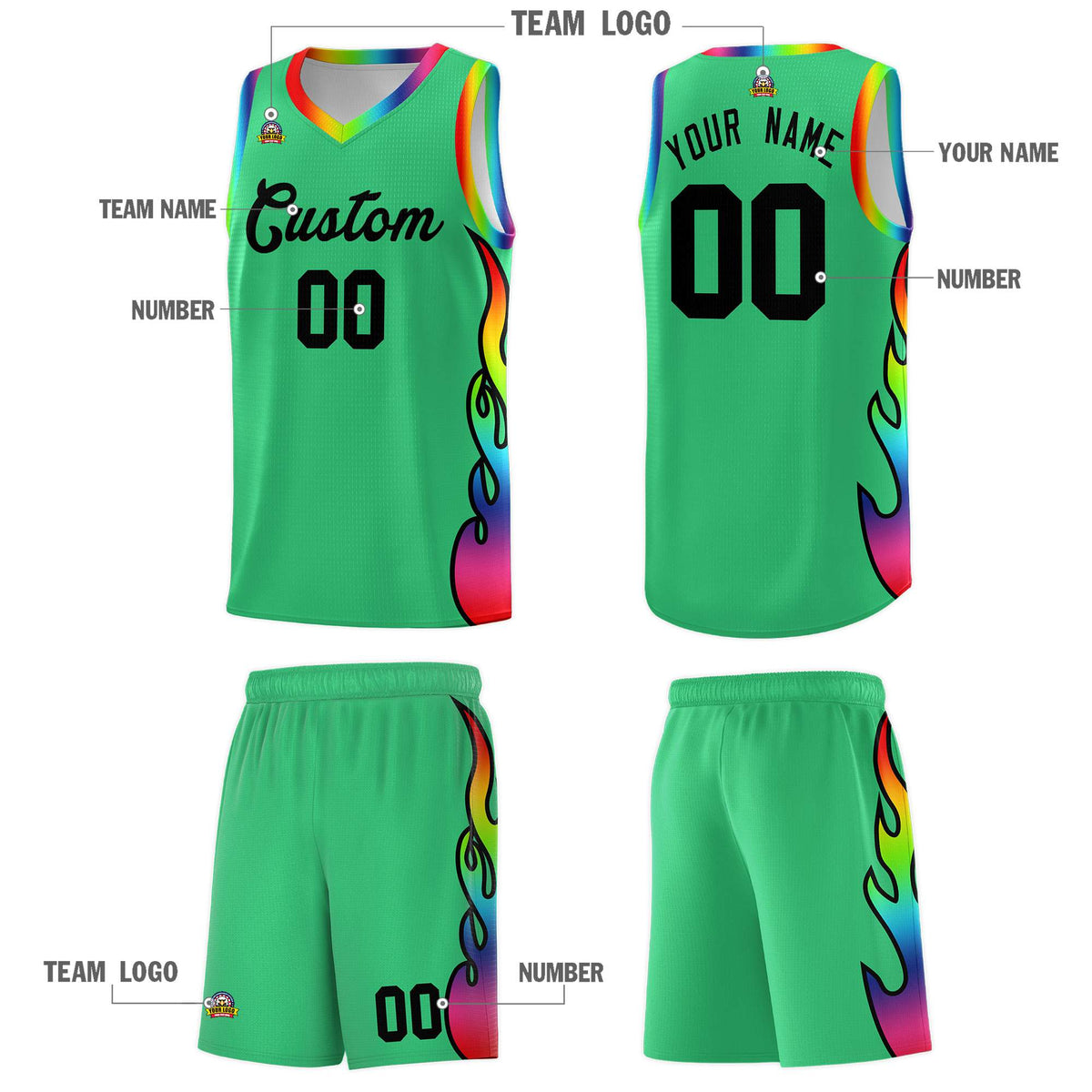 Custom Kelly Green Side Flame Pattern Fashion Sports Uniform Basketball Jersey|KXKSHOP