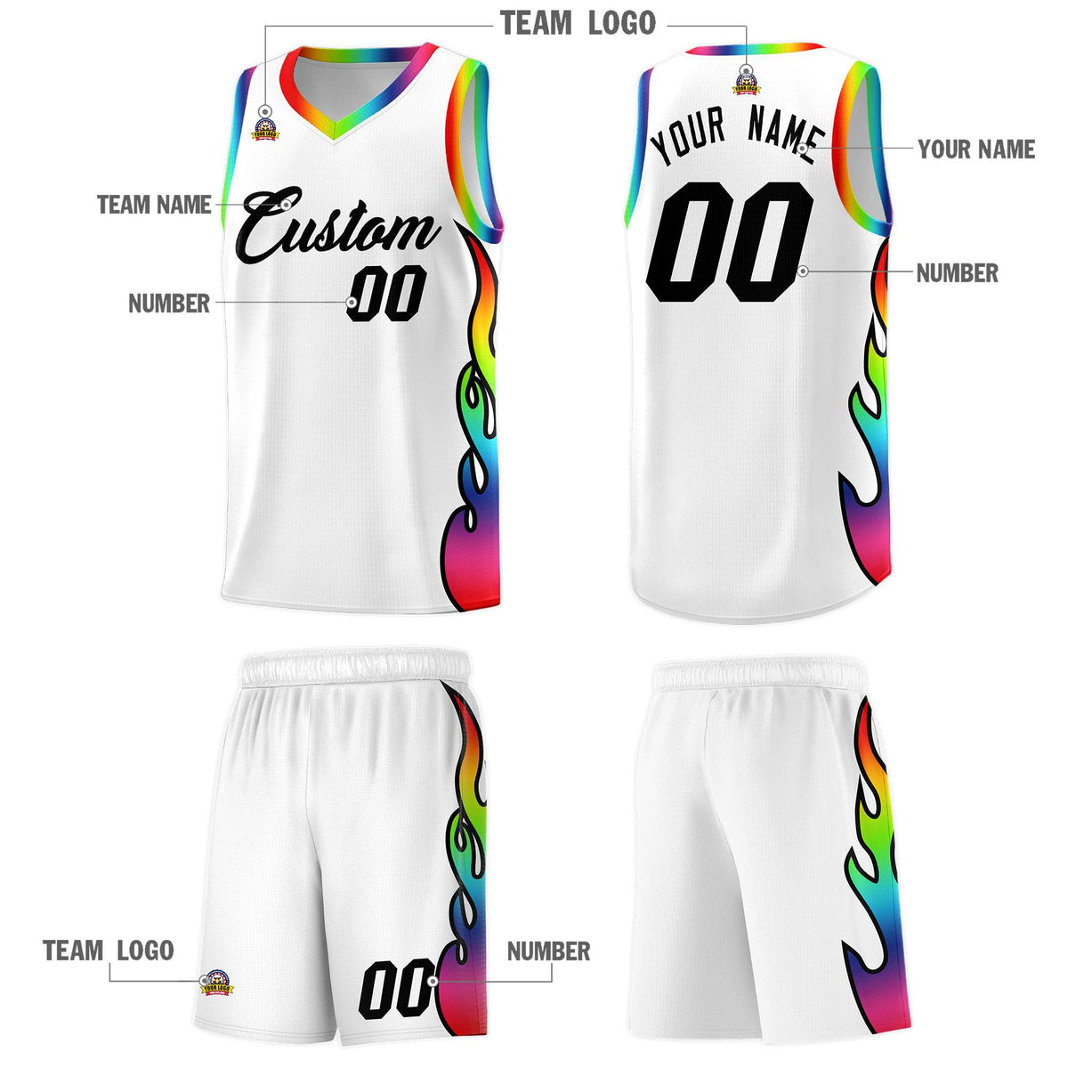 Custom White Side Flame Pattern Fashion Sports Uniform Basketball Jersey|KXKSHOP