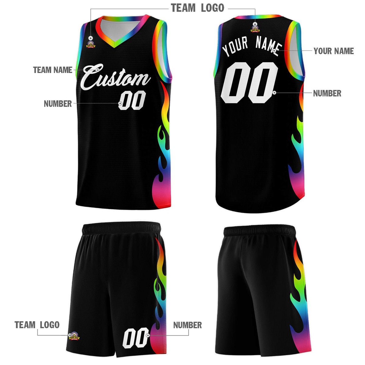 Custom Black Side Flame Pattern Fashion Sports Uniform Basketball Jersey|KXKSHOP