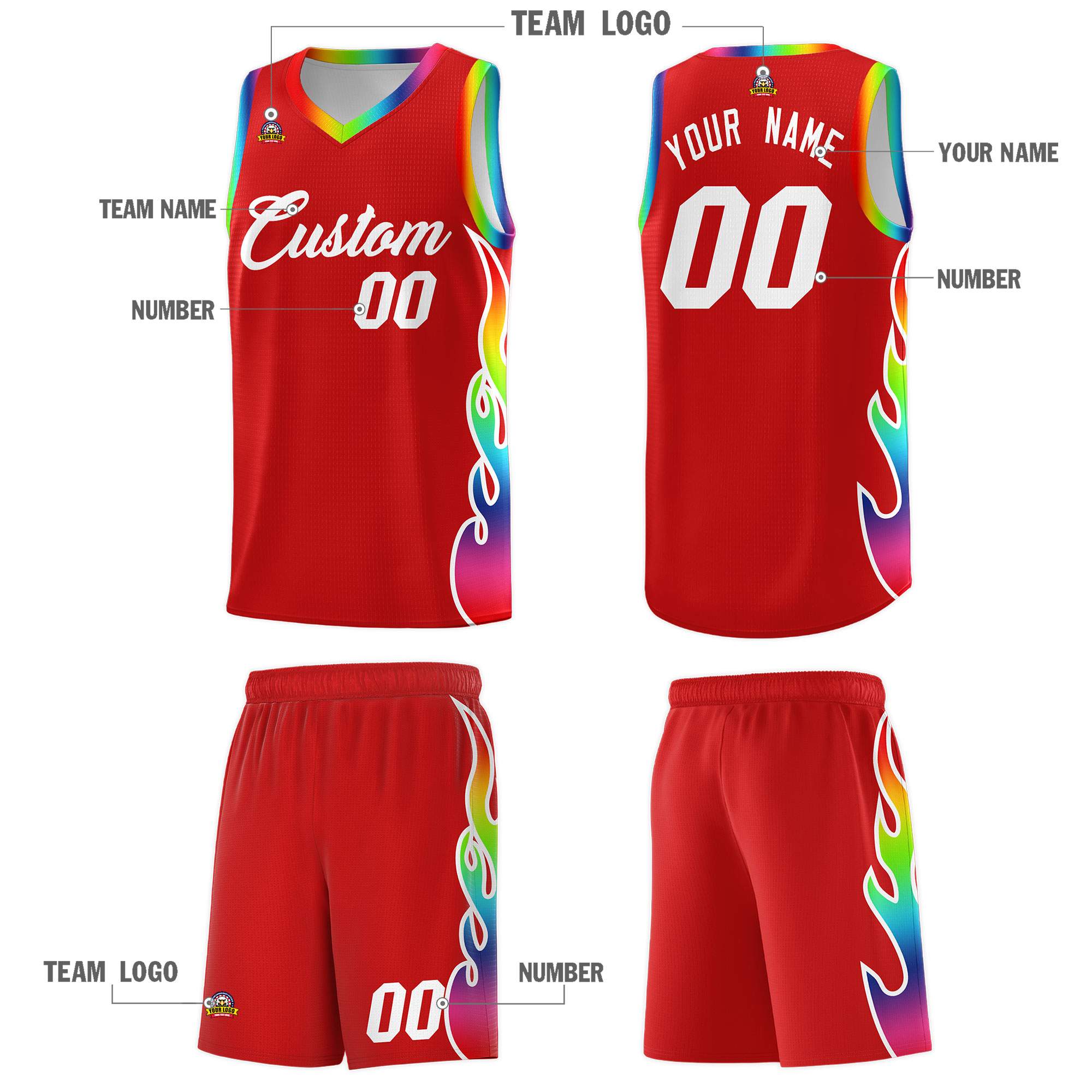 Custom Red Side Flame Pattern Fashion Sports Uniform Basketball Jersey|KXKSHOP