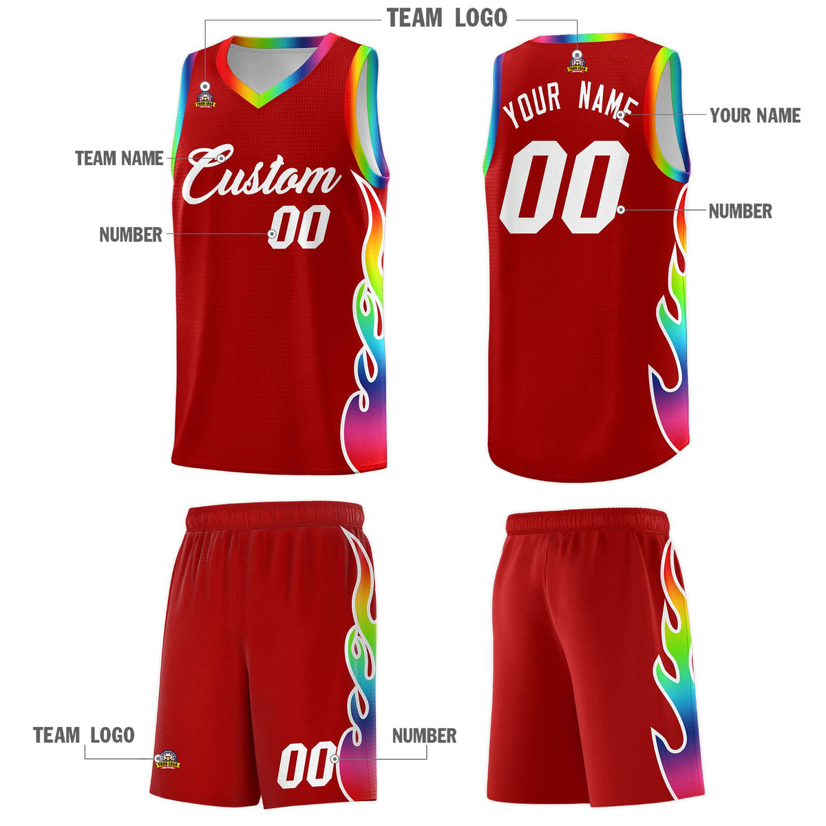 Custom Red Side Flame Pattern Fashion Sports Uniform Basketball Jersey|KXKSHOP