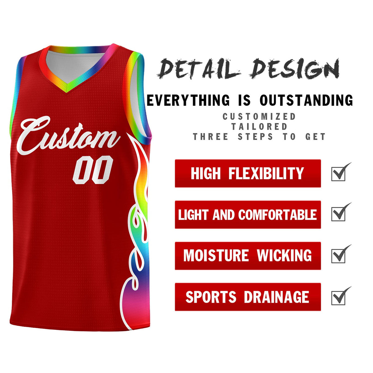 Custom Red Side Flame Pattern Fashion Sports Uniform Basketball Jersey|KXKSHOP