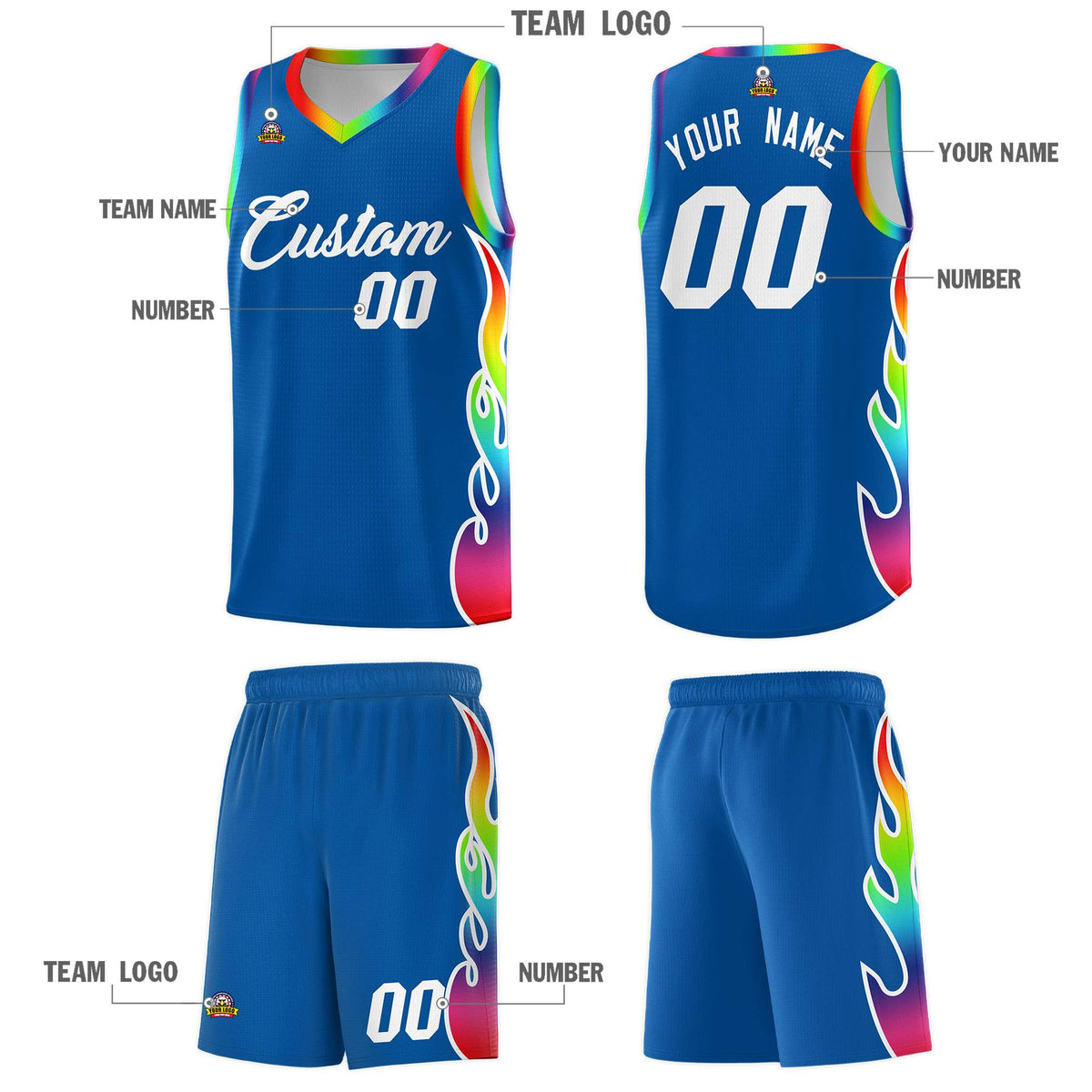 Custom Royal Side Flame Pattern Fashion Sports Uniform Basketball Jersey|KXKSHOP