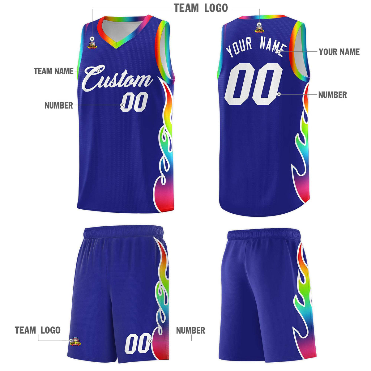 Custom Royal Side Flame Pattern Fashion Sports Uniform Basketball Jersey|KXKSHOP