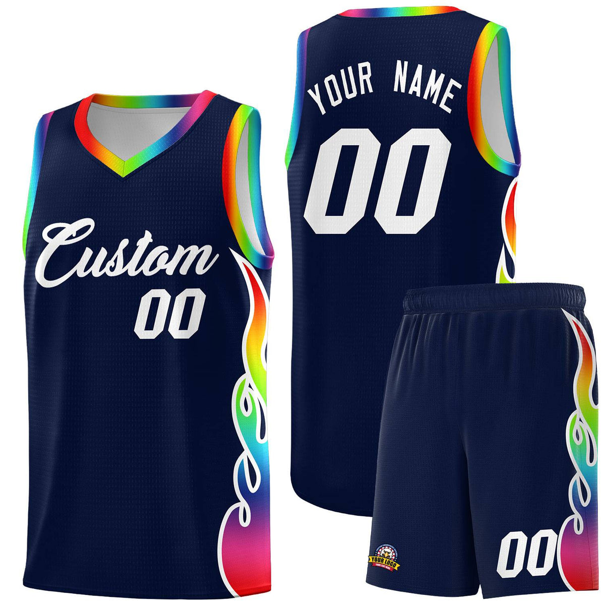 Custom Navy Side Flame Pattern Fashion Sports Uniform Basketball Jersey|KXKSHOP
