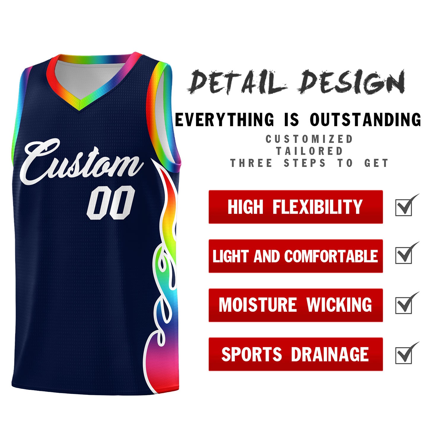 Custom Navy Side Flame Pattern Fashion Sports Uniform Basketball Jersey|KXKSHOP