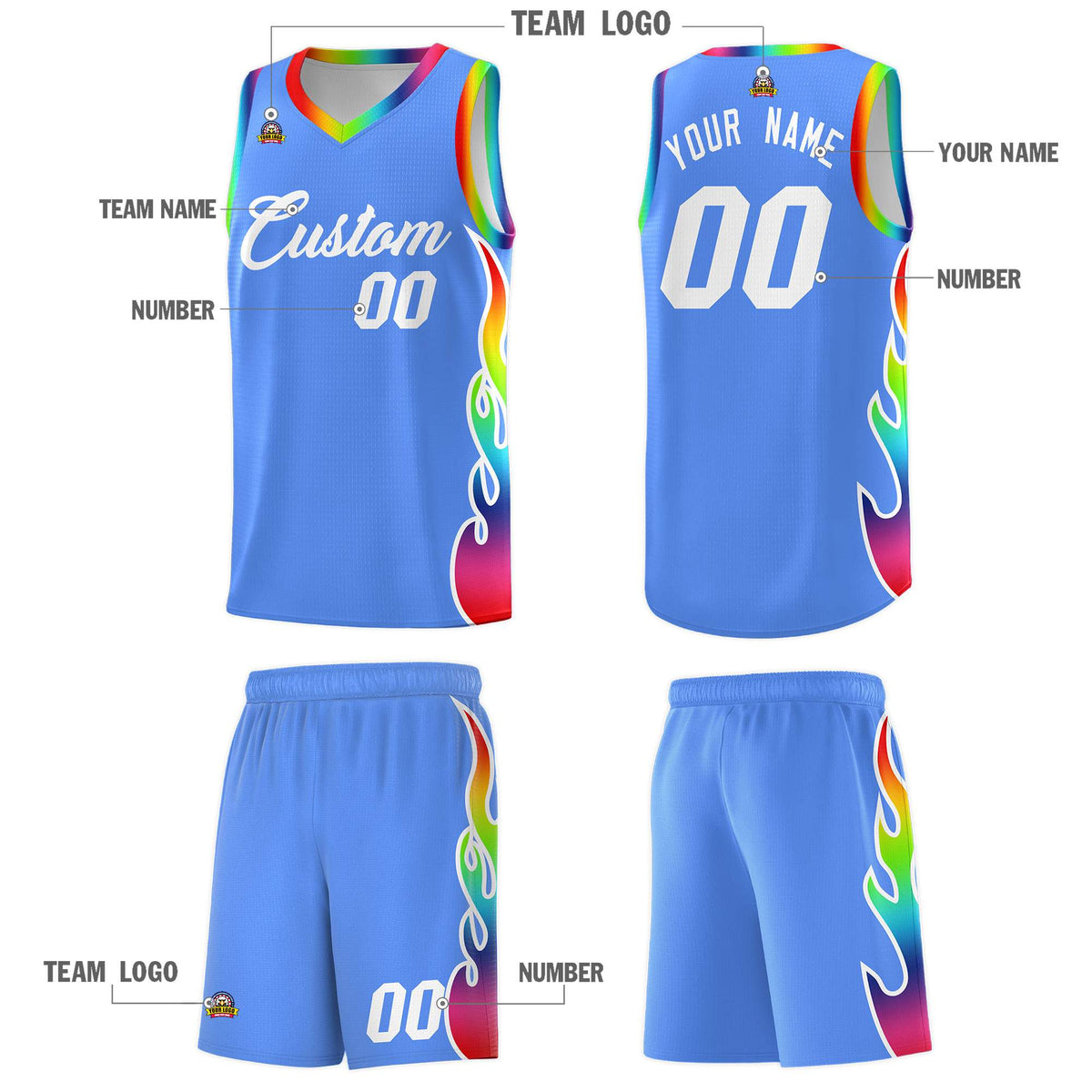 Custom Powder Blue Side Flame Pattern Fashion Sports Uniform Basketball Jersey|KXKSHOP