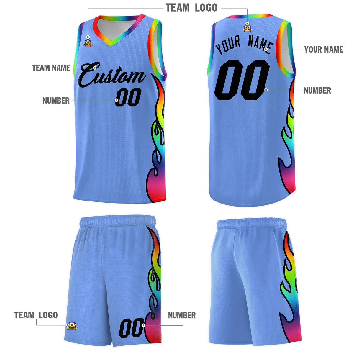 Custom Light Blue Side Flame Pattern Fashion Sports Uniform Basketball Jersey|KXKSHOP