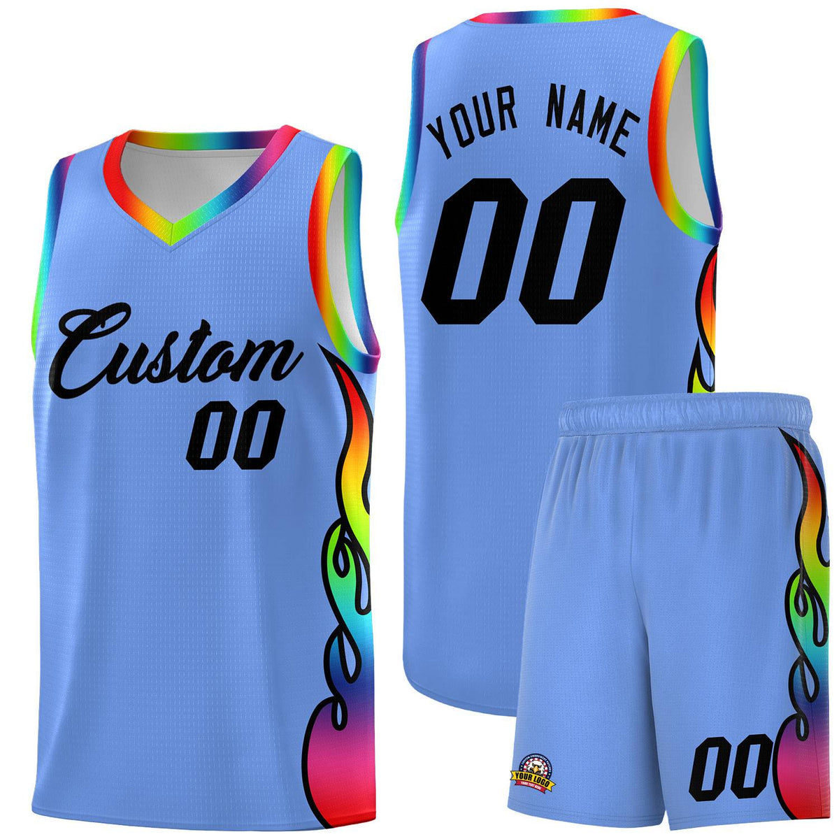 Custom Light Blue Side Flame Pattern Fashion Sports Uniform Basketball Jersey|KXKSHOP