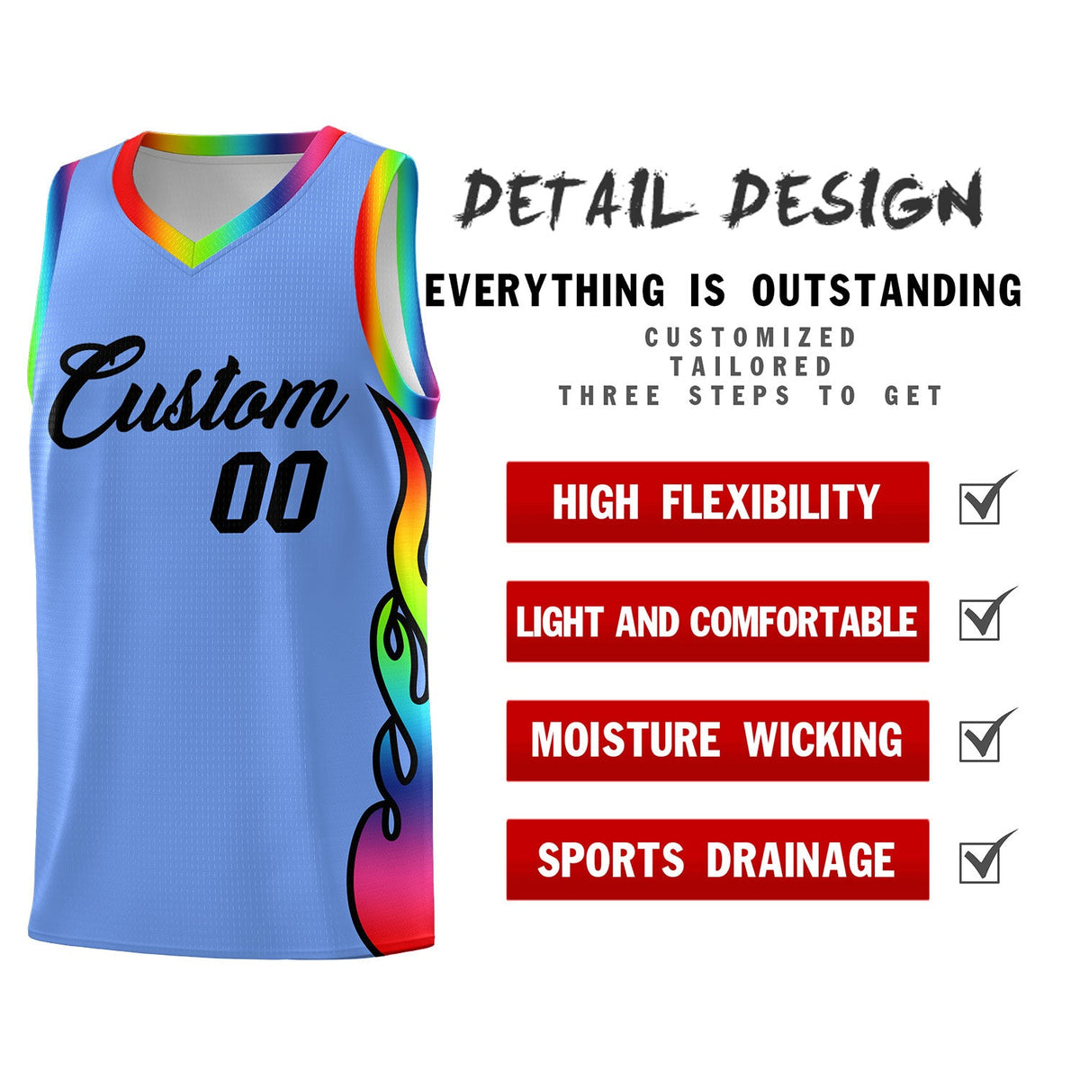 Custom Light Blue Side Flame Pattern Fashion Sports Uniform Basketball Jersey|KXKSHOP