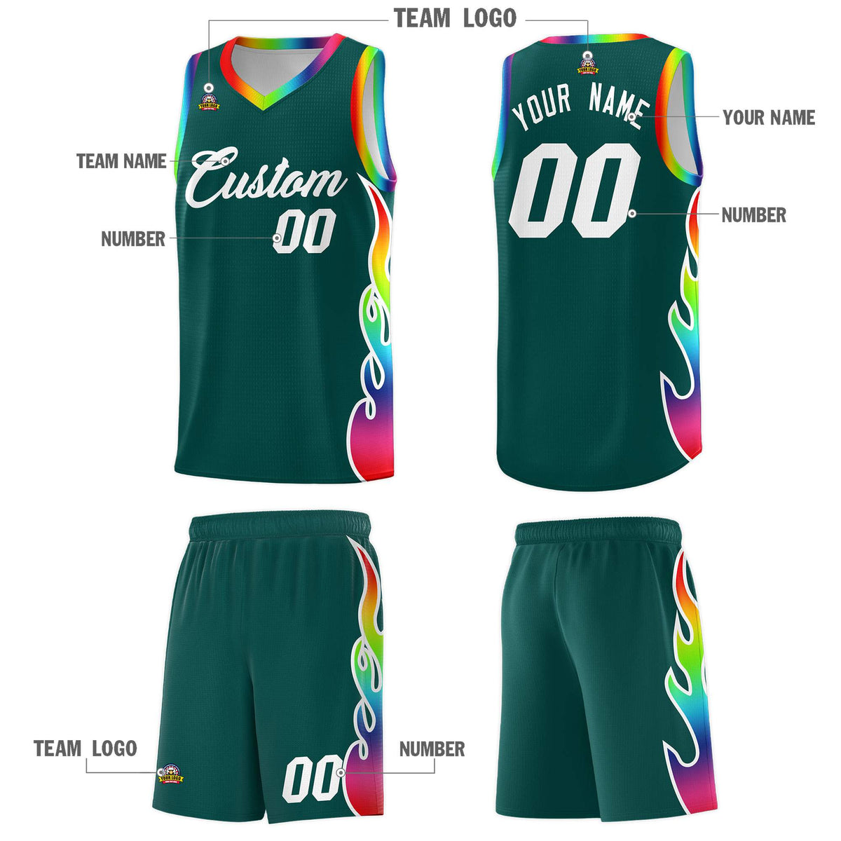 Custom Midnight Green Side Flame Pattern Fashion Sports Uniform Basketball Jersey|KXKSHOP