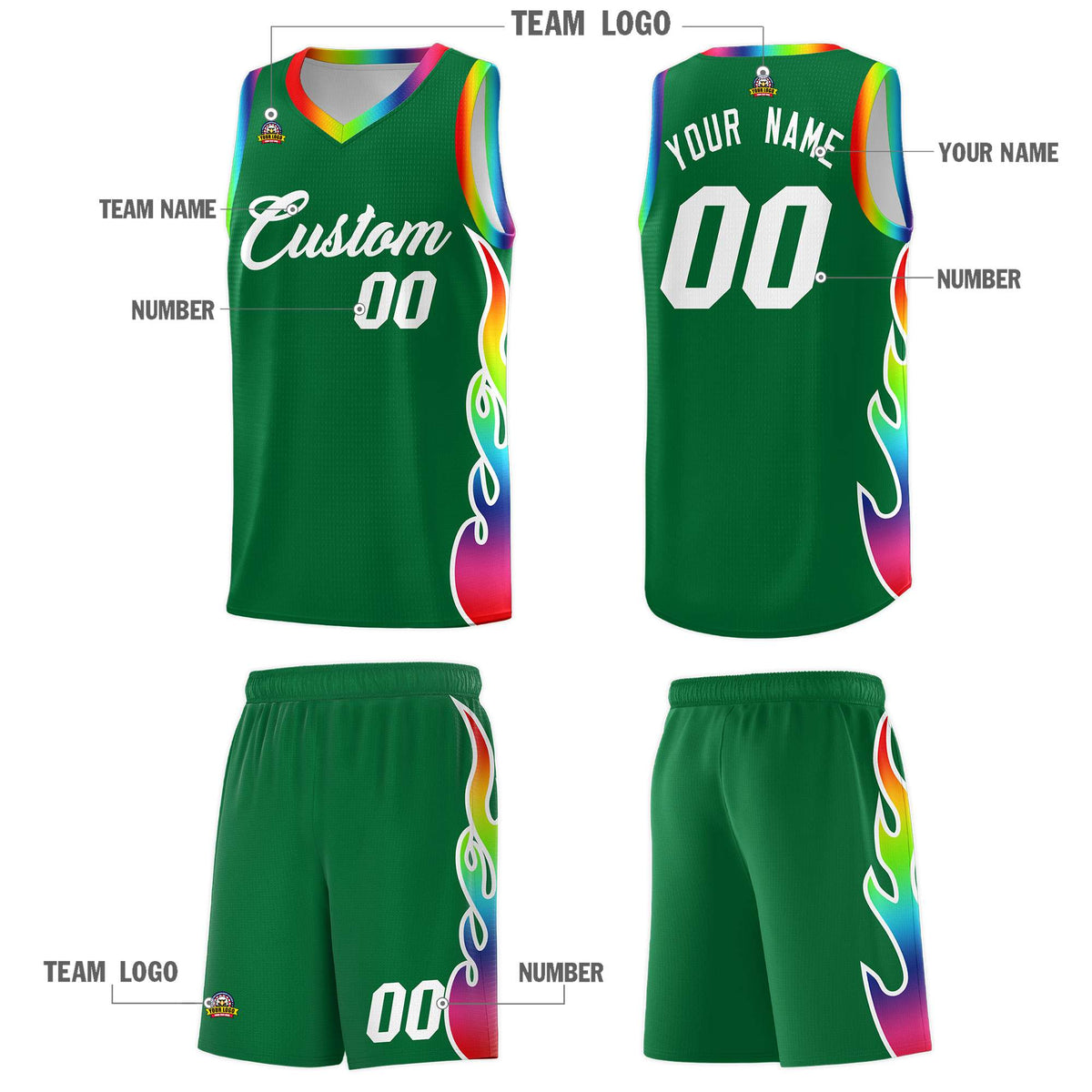 Custom Kelly Green Side Flame Pattern Fashion Sports Uniform Basketball Jersey|KXKSHOP