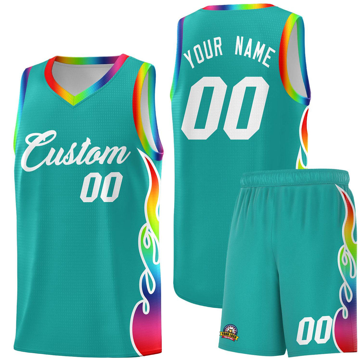 Custom Aqua Side Flame Pattern Fashion Sports Uniform Basketball Jersey|KXKSHOP