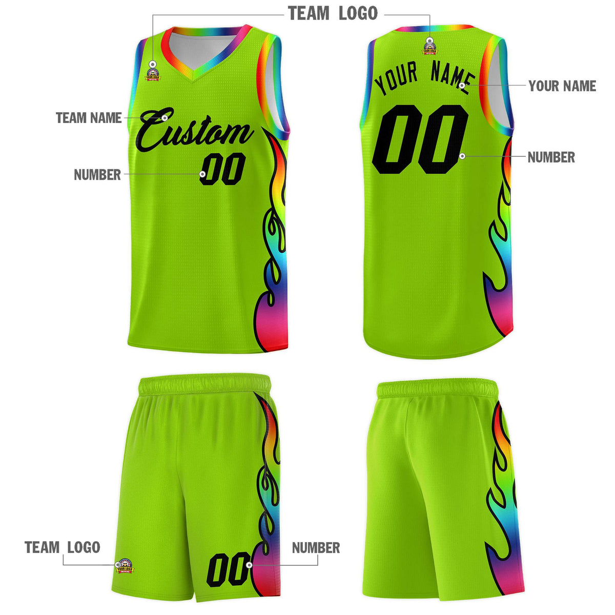 Custom Neon Green Side Flame Pattern Fashion Sports Uniform Basketball Jersey|KXKSHOP