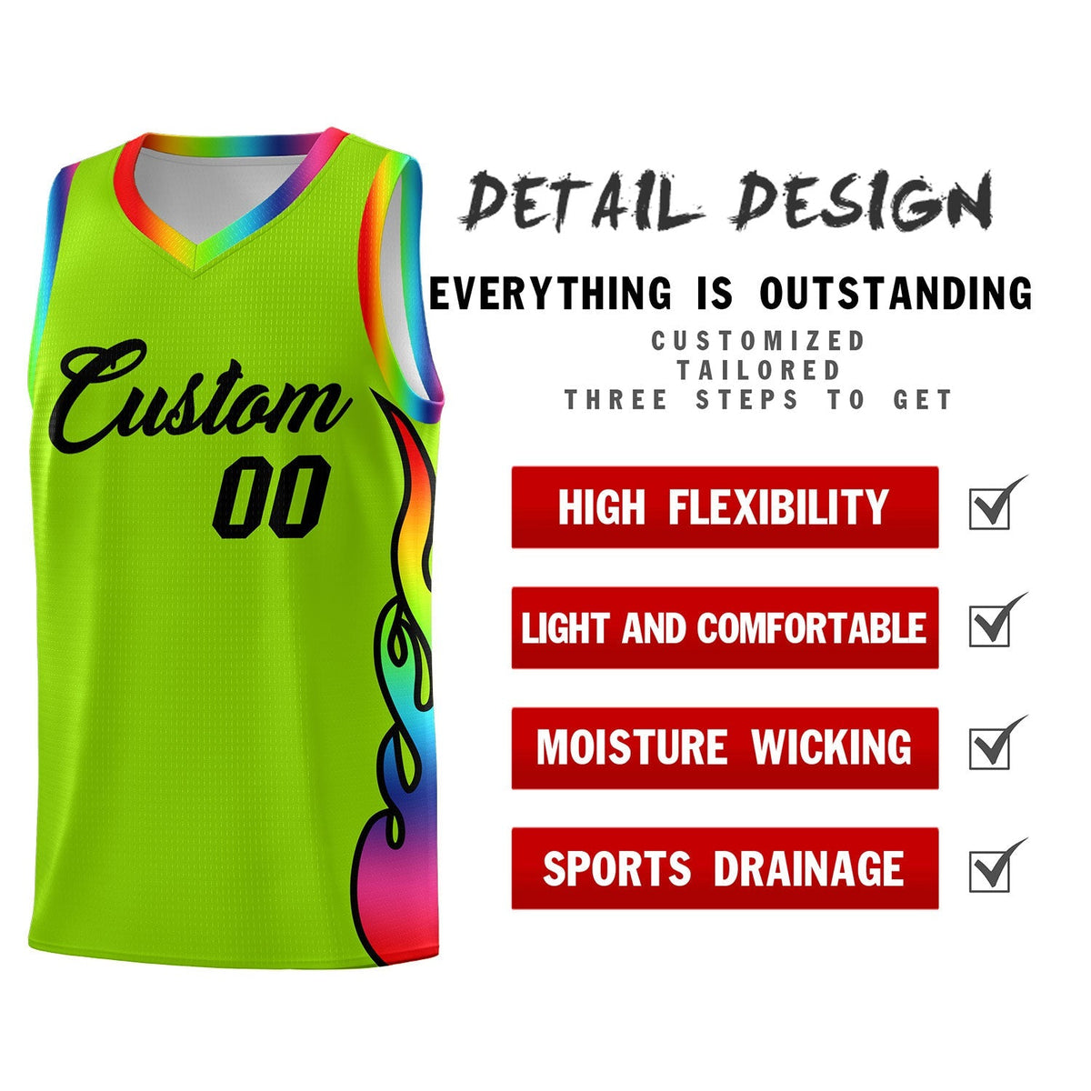 Custom Neon Green Side Flame Pattern Fashion Sports Uniform Basketball Jersey|KXKSHOP