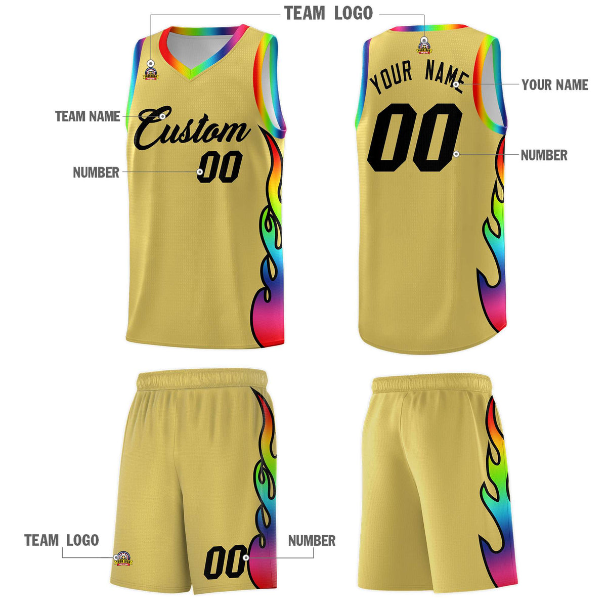 Custom Old Gold Side Flame Pattern Fashion Sports Uniform Basketball Jersey|KXKSHOP