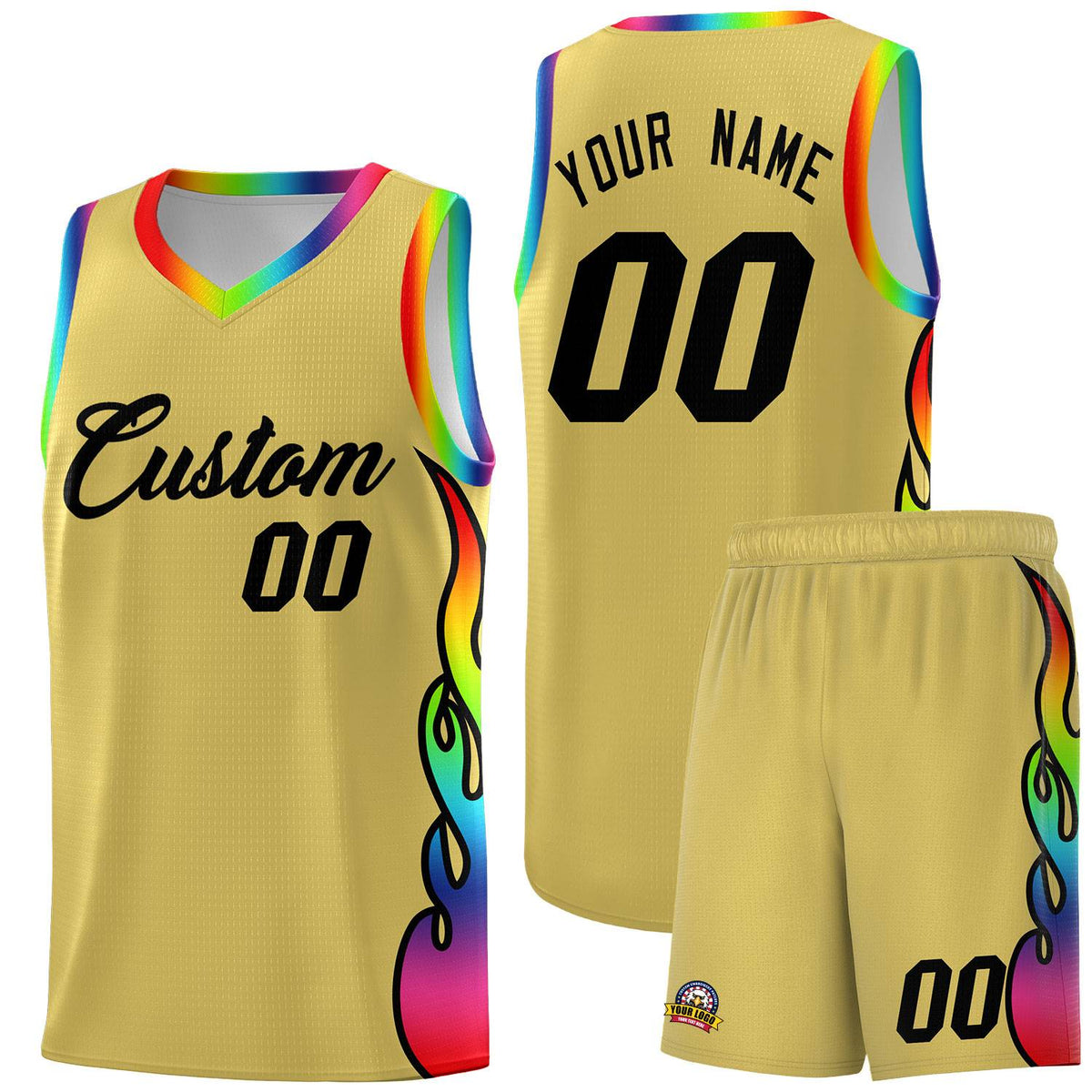 Custom Old Gold Side Flame Pattern Fashion Sports Uniform Basketball Jersey|KXKSHOP