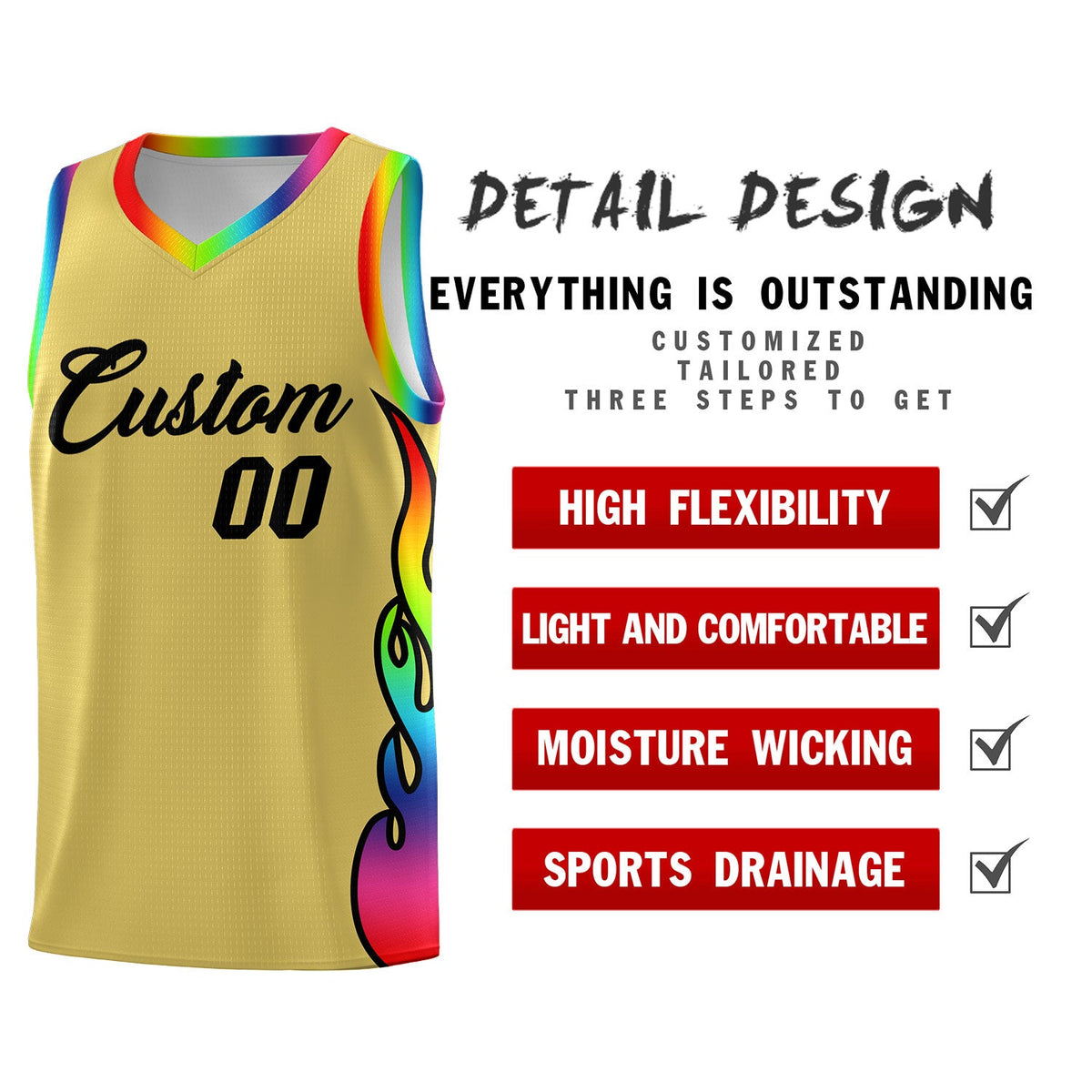 Custom Old Gold Side Flame Pattern Fashion Sports Uniform Basketball Jersey|KXKSHOP