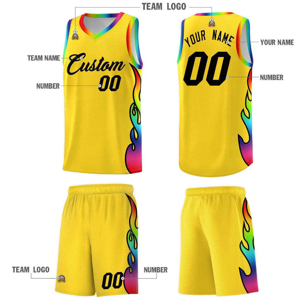 Custom Gold Side Flame Pattern Fashion Sports Uniform Basketball Jersey|KXKSHOP