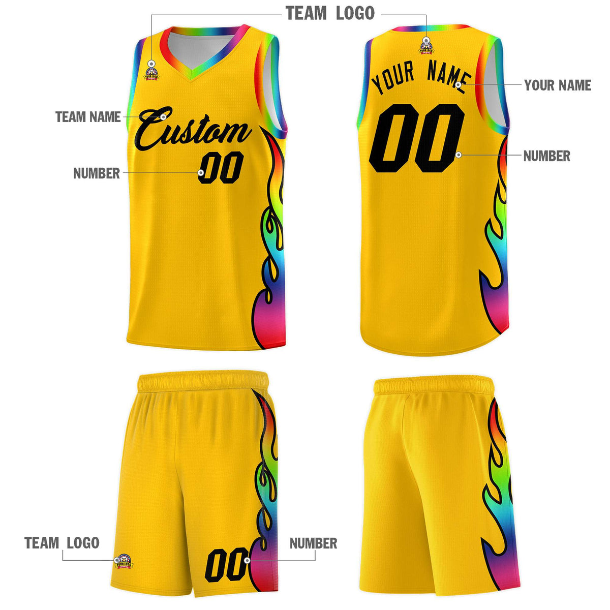 Custom Yellow Side Flame Pattern Fashion Sports Uniform Basketball Jersey|KXKSHOP