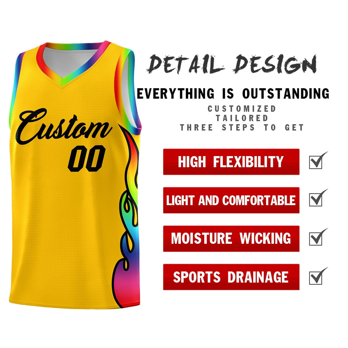 Custom Yellow Side Flame Pattern Fashion Sports Uniform Basketball Jersey|KXKSHOP