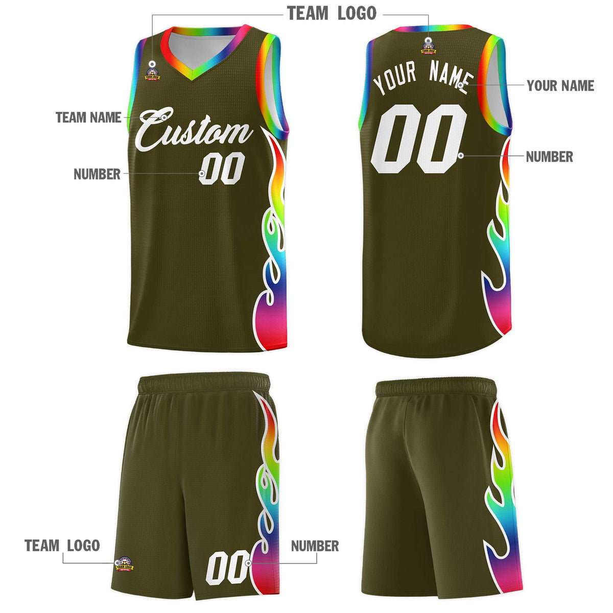 Custom Olive Side Flame Pattern Fashion Sports Uniform Basketball Jersey|KXKSHOP