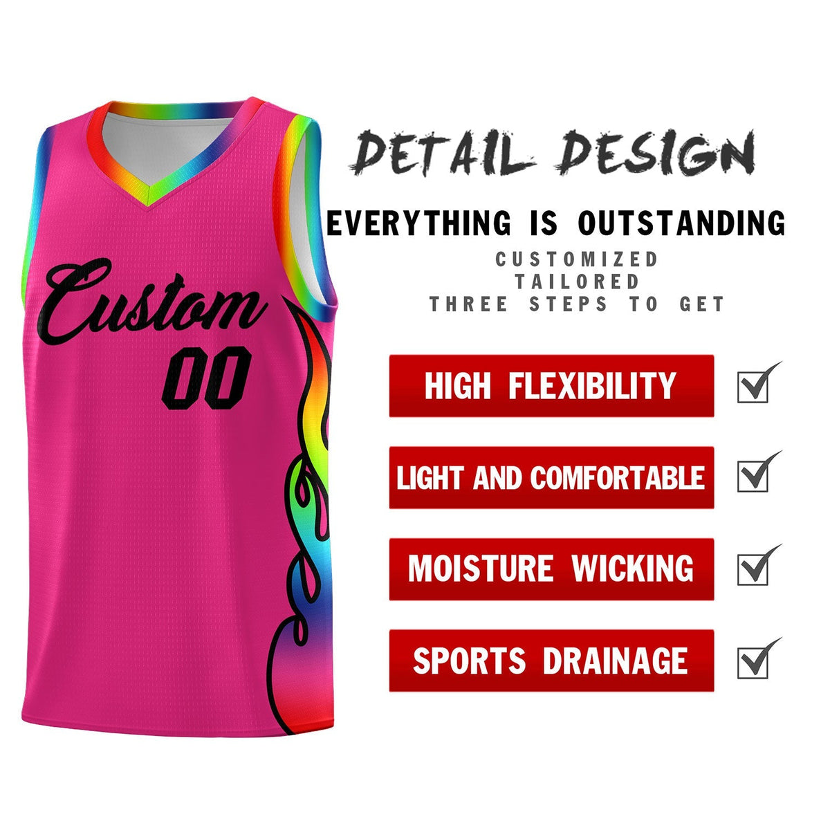 Custom Rose Red Side Flame Pattern Fashion Sports Uniform Basketball Jersey|KXKSHOP