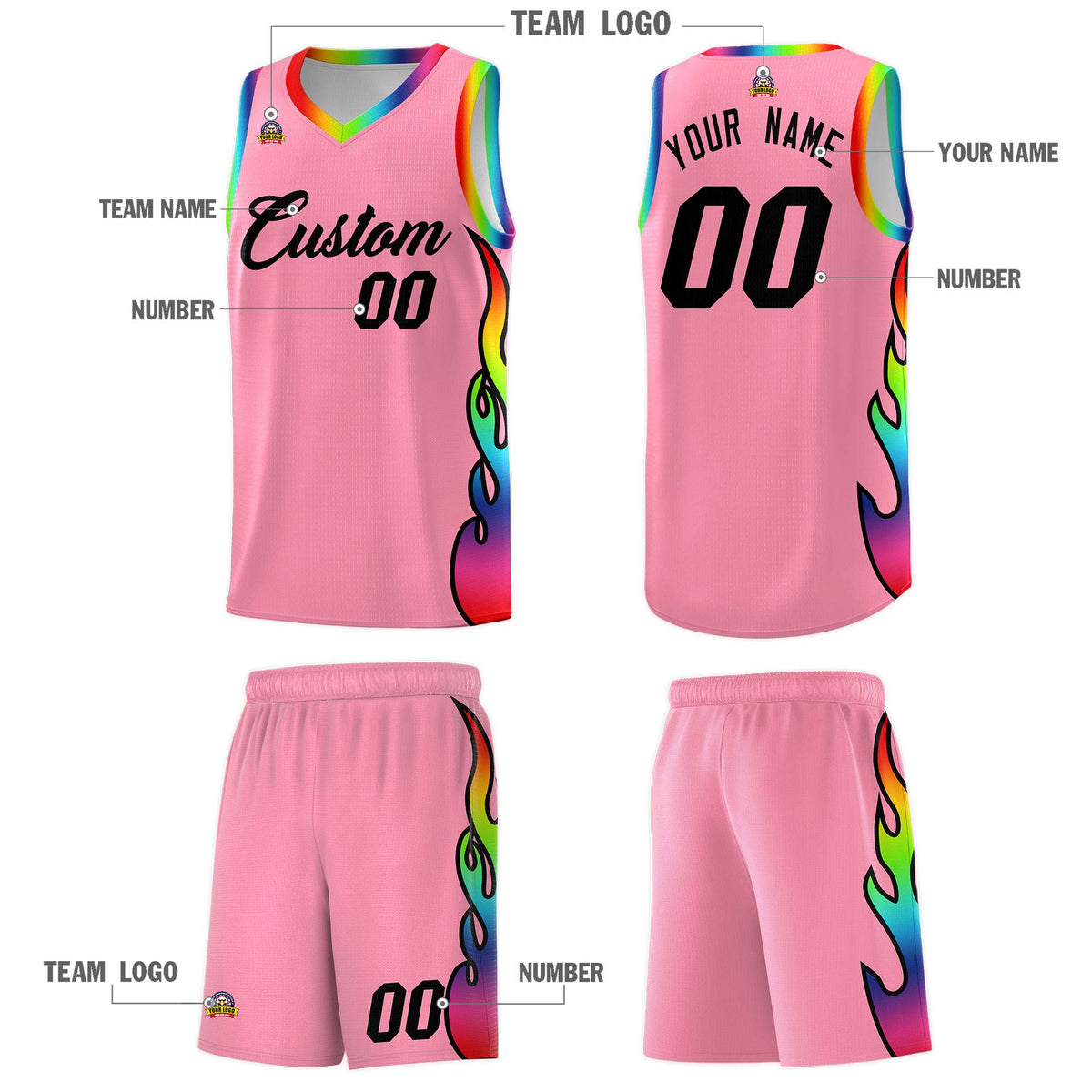 Custom Light Pink Side Flame Pattern Fashion Sports Uniform Basketball Jersey|KXKSHOP