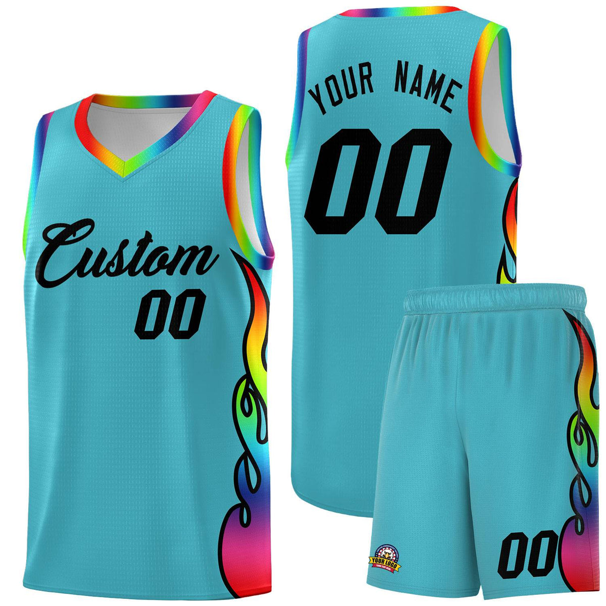Custom Sky Blue Side Flame Pattern Fashion Sports Uniform Basketball Jersey|KXKSHOP