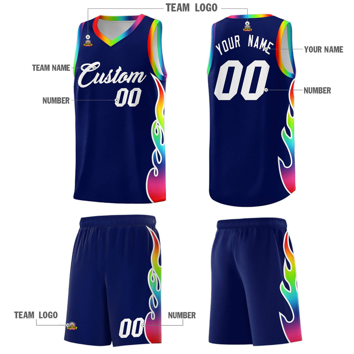 Custom Navy Side Flame Pattern Fashion Sports Uniform Basketball Jersey|KXKSHOP