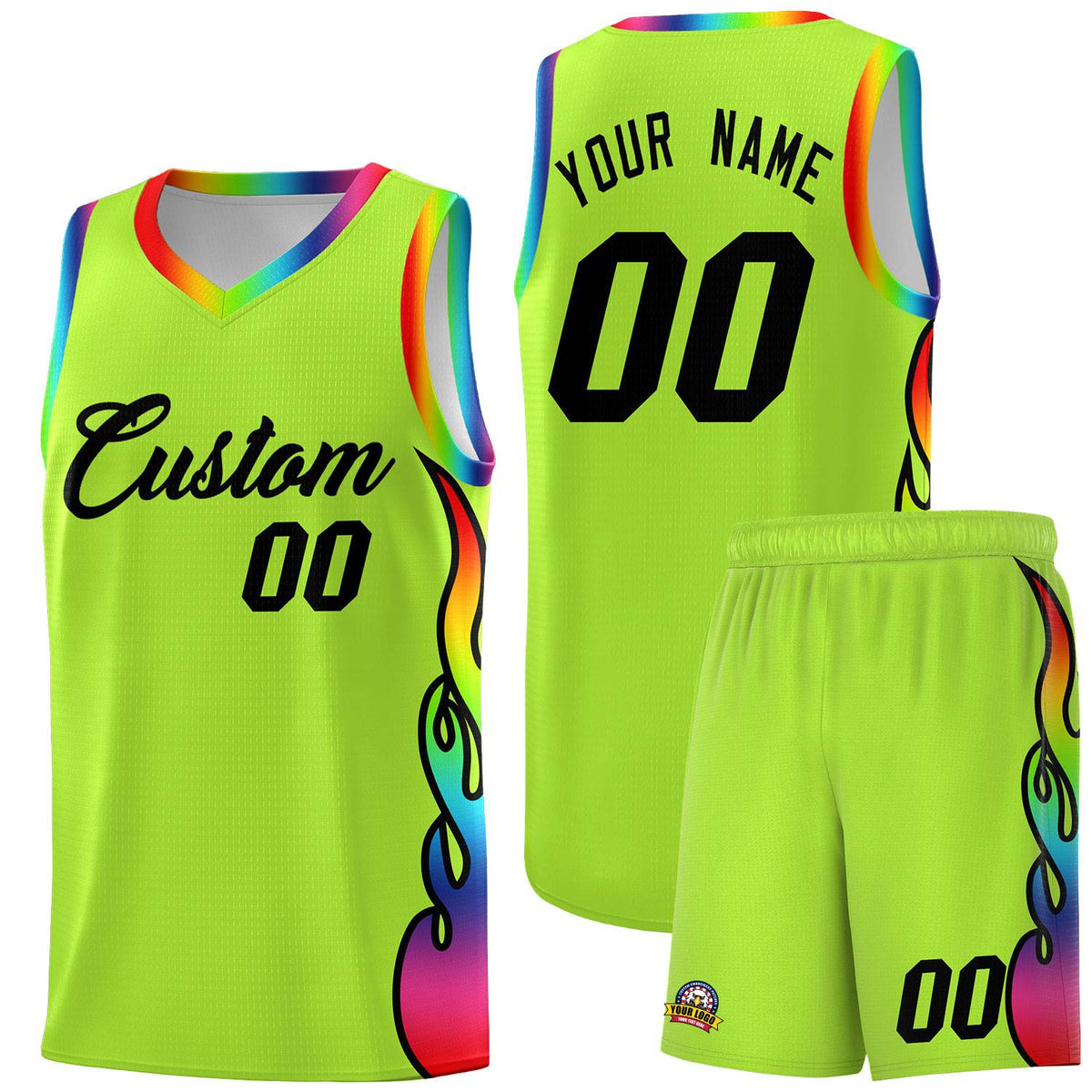 Custom Neon Green Side Flame Pattern Fashion Sports Uniform Basketball Jersey|KXKSHOP