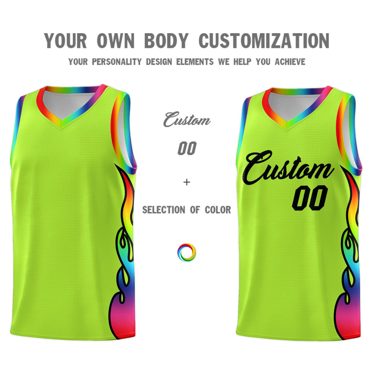 Custom Neon Green Side Flame Pattern Fashion Sports Uniform Basketball Jersey|KXKSHOP