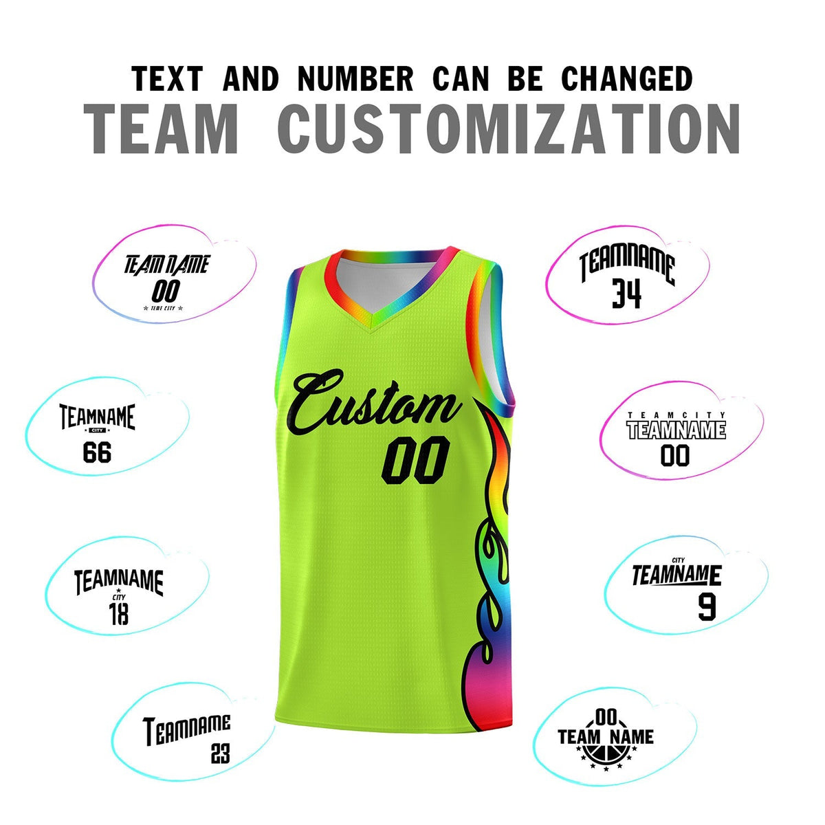 Custom Neon Green Side Flame Pattern Fashion Sports Uniform Basketball Jersey|KXKSHOP