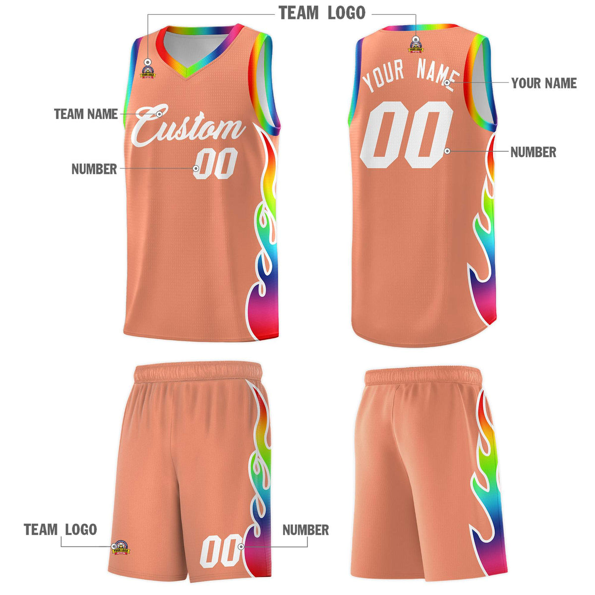Custom Light Orange Side Flame Pattern Fashion Sports Uniform Basketball Jersey|KXKSHOP