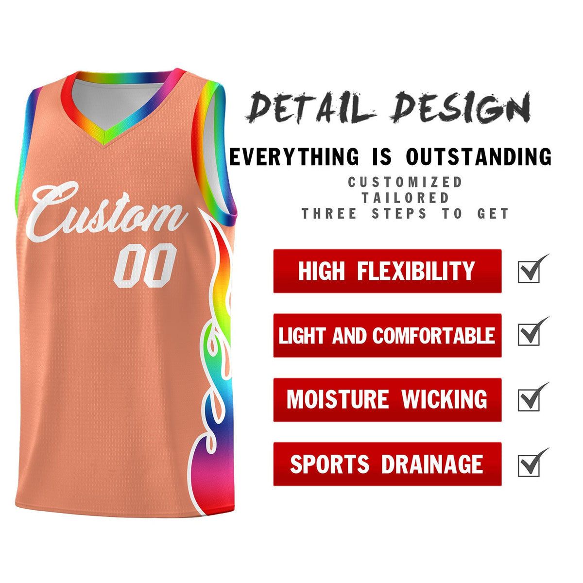 Custom Light Orange Side Flame Pattern Fashion Sports Uniform Basketball Jersey|KXKSHOP