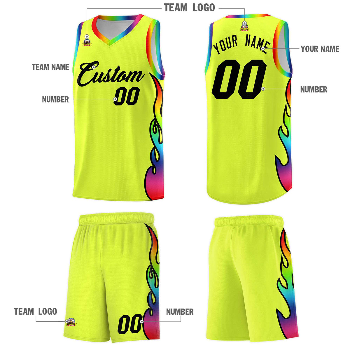 Custom Fluorescent Green Side Flame Pattern Fashion Sports Uniform Basketball Jersey|KXKSHOP