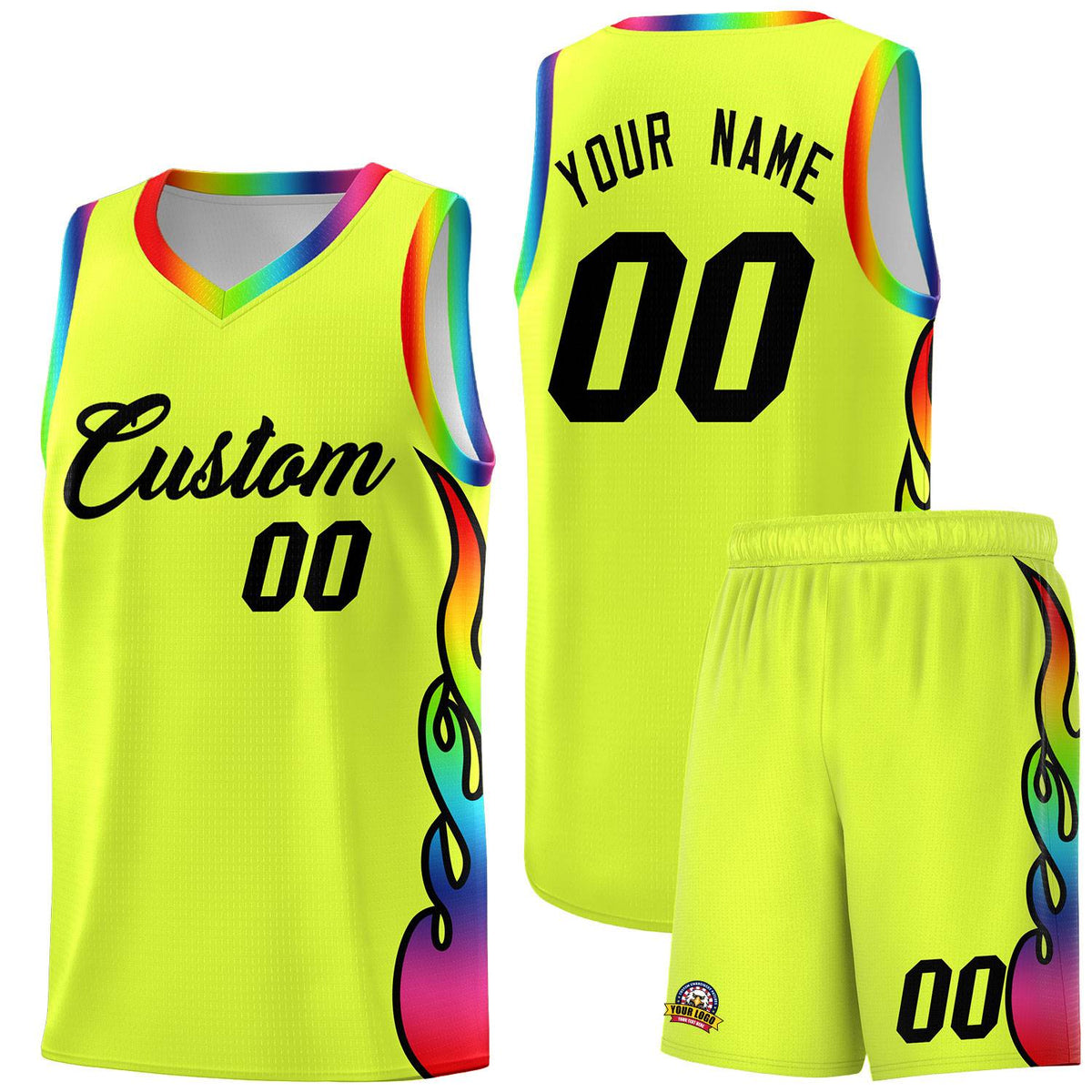 Custom Fluorescent Green Side Flame Pattern Fashion Sports Uniform Basketball Jersey|KXKSHOP