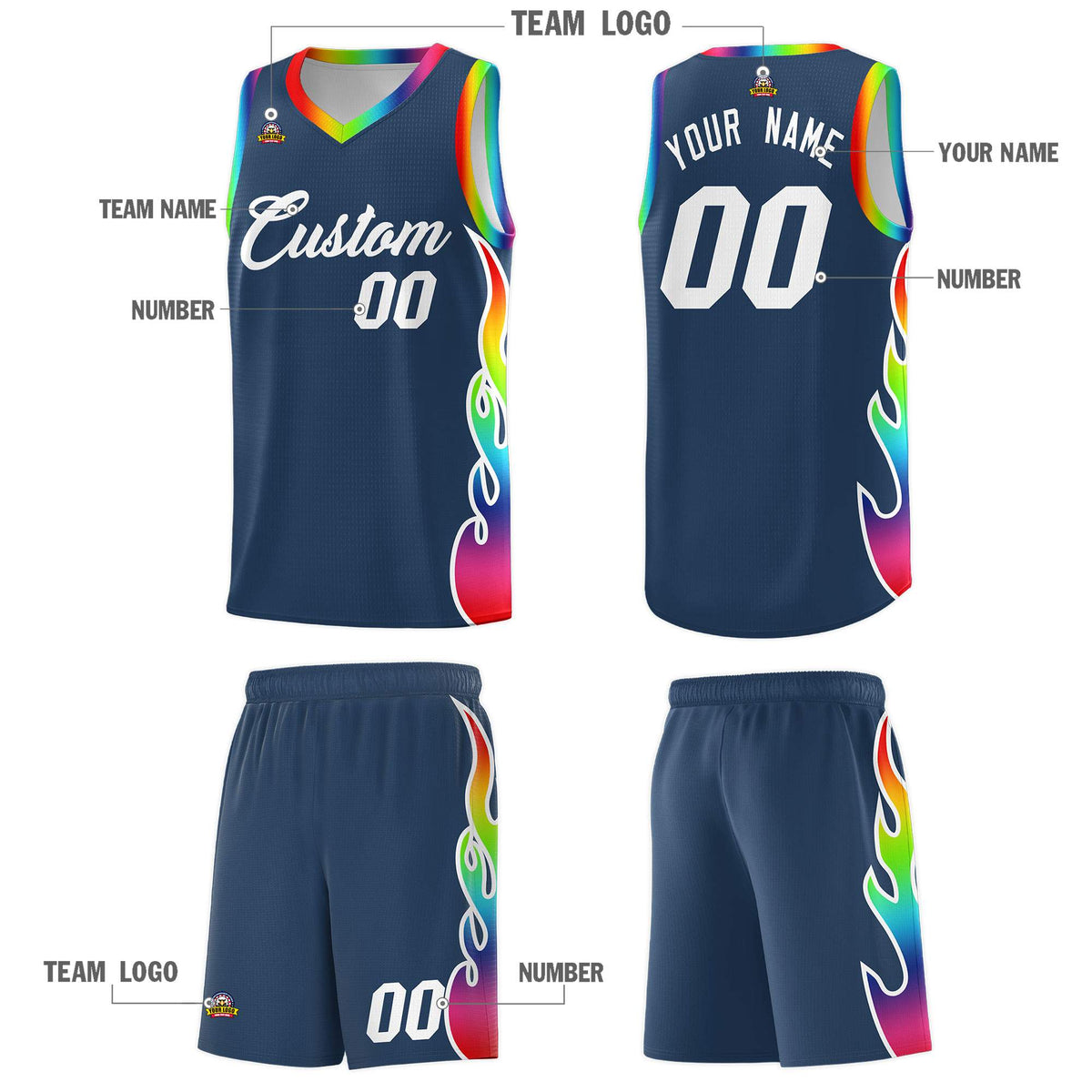 Custom Midnight Blue Side Flame Pattern Fashion Sports Uniform Basketball Jersey|KXKSHOP