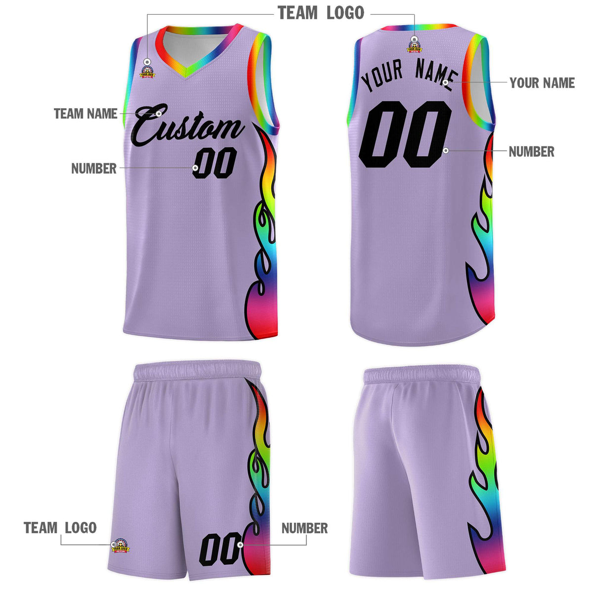 Custom Light Purple Side Flame Pattern Fashion Sports Uniform Basketball Jersey|KXKSHOP