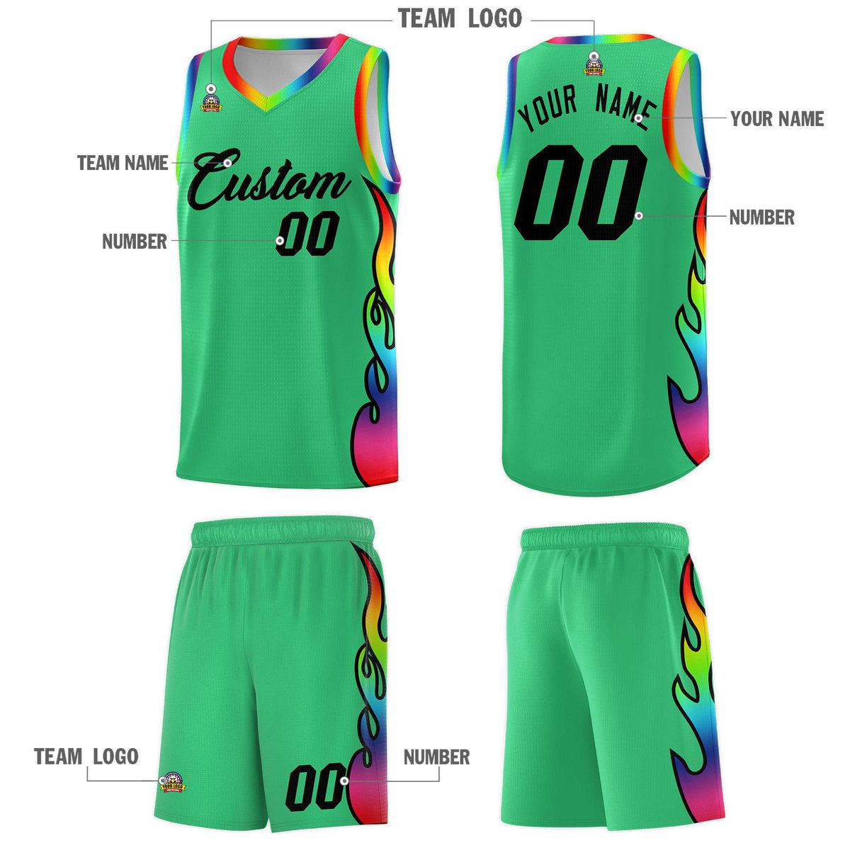 Custom Kelly Green Side Flame Pattern Fashion Sports Uniform Basketball Jersey|KXKSHOP