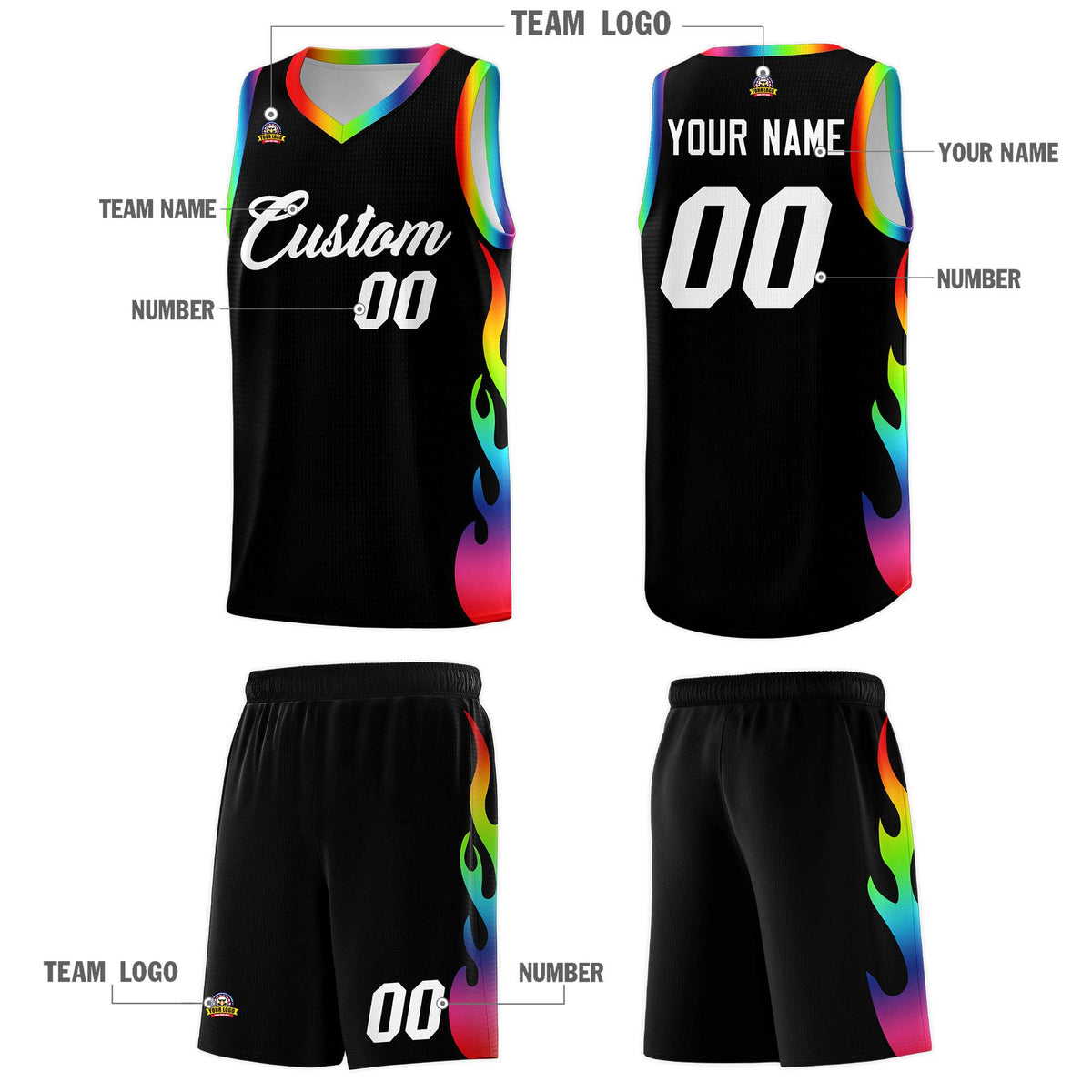 Custom Black Side Flame Pattern Fashion Sports Uniform Basketball Jersey|KXKSHOP