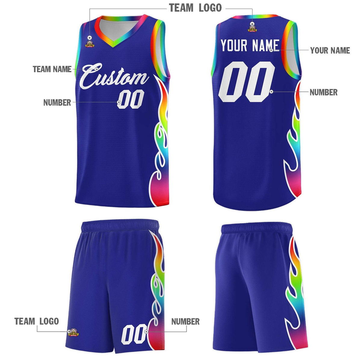 Custom Royal Side Flame Pattern Fashion Sports Uniform Basketball Jersey|KXKSHOP