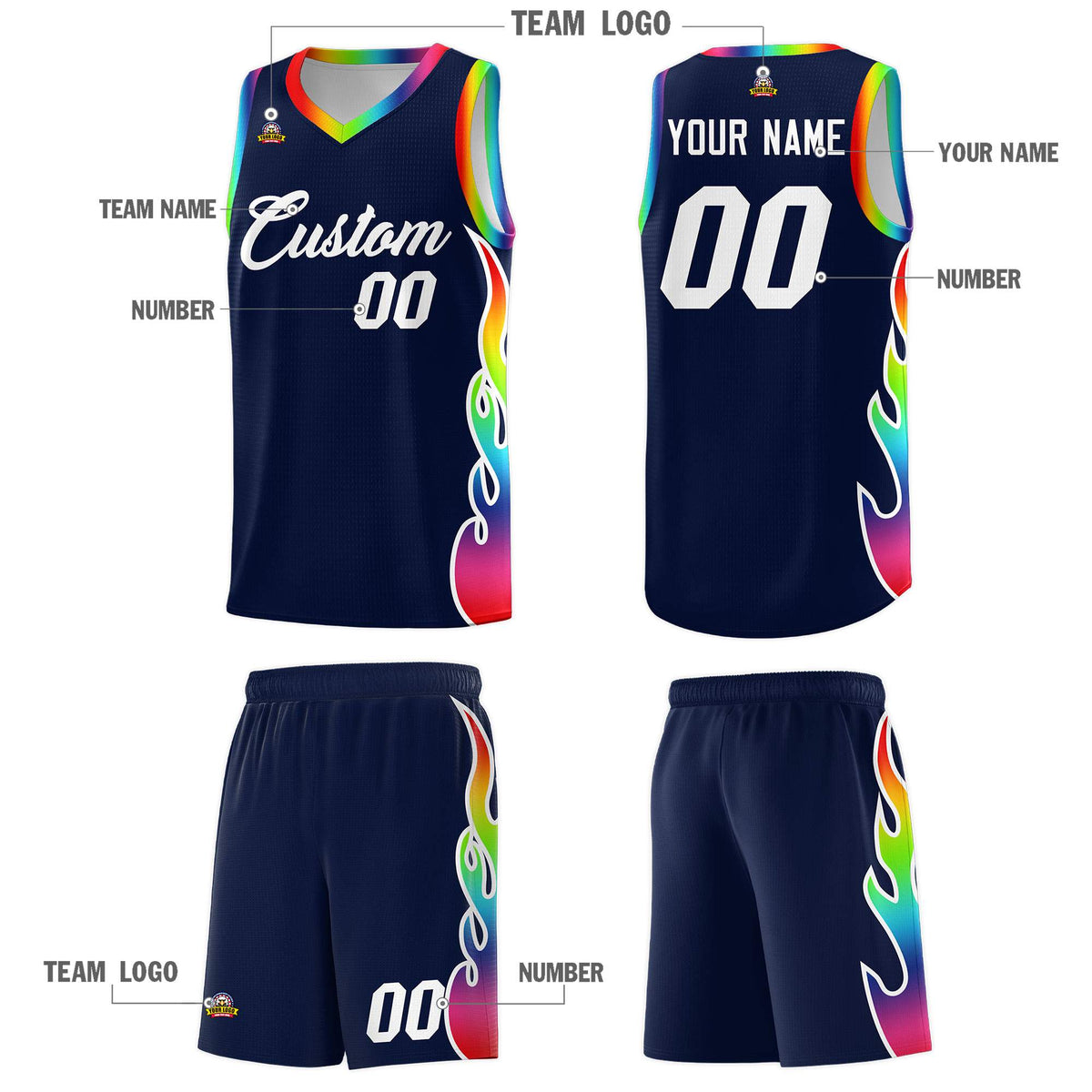 Custom Navy Side Flame Pattern Fashion Sports Uniform Basketball Jersey|KXKSHOP