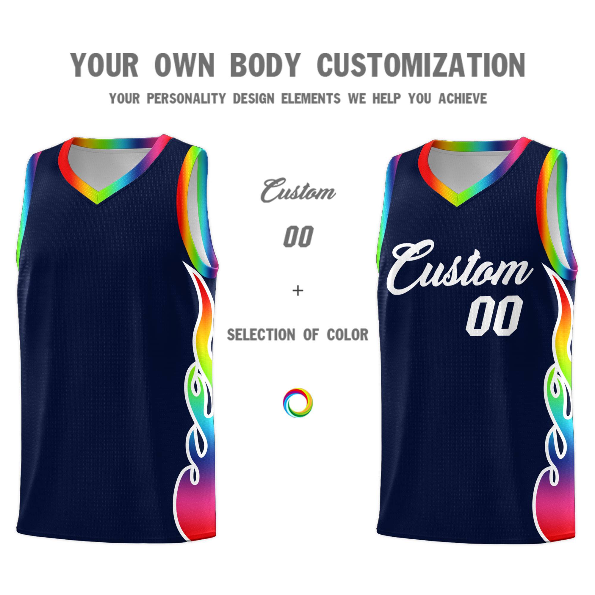 Custom Navy Side Flame Pattern Fashion Sports Uniform Basketball Jersey|KXKSHOP