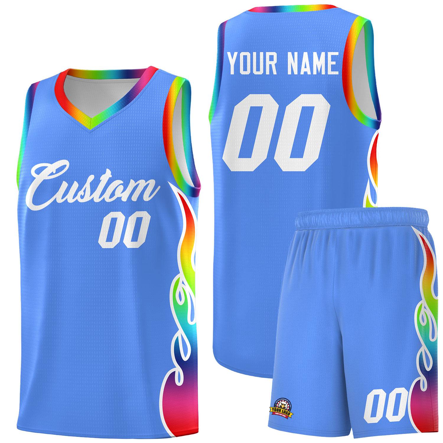 Custom Powder Blue Side Flame Pattern Fashion Sports Uniform Basketball Jersey|KXKSHOP