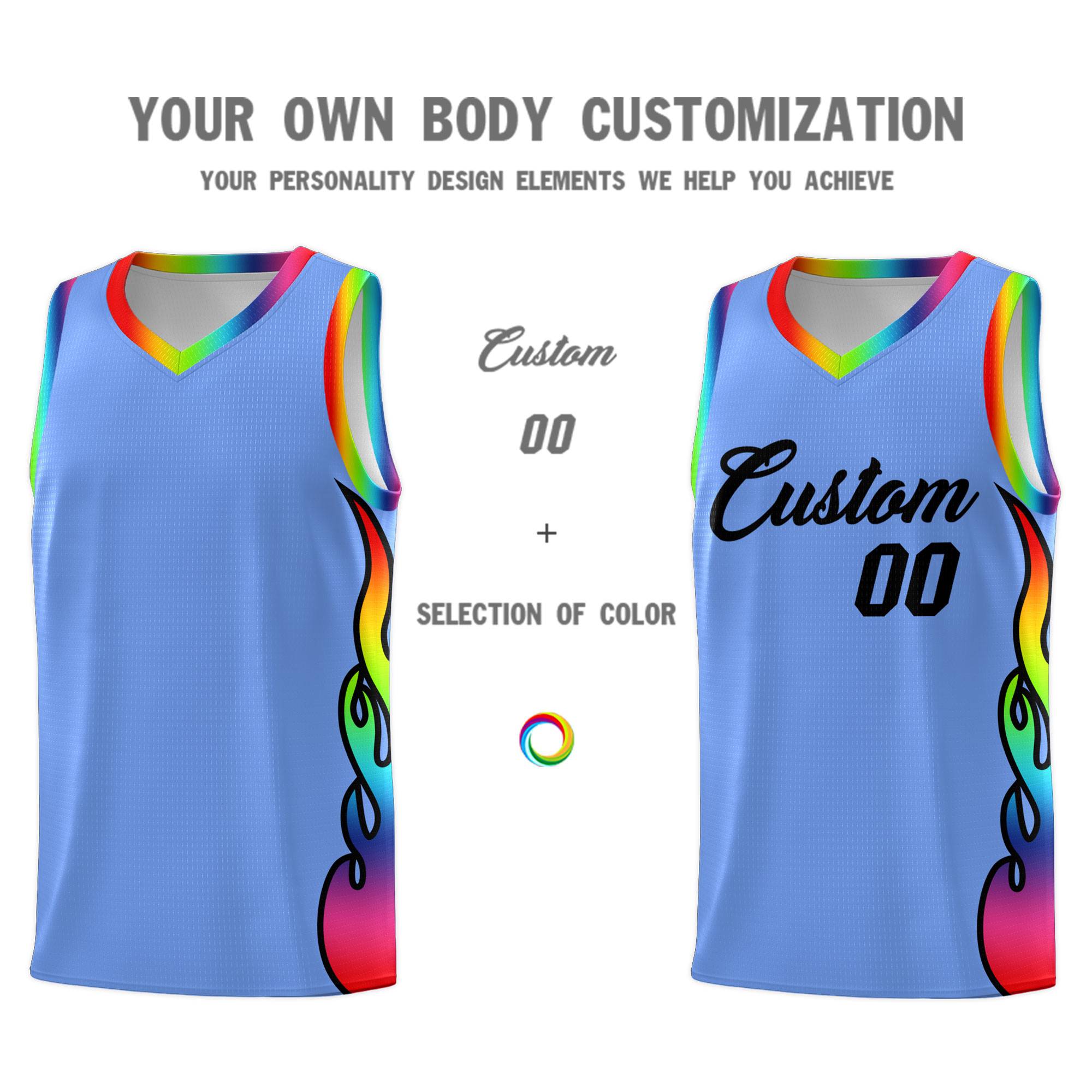 Custom Light Blue Side Flame Pattern Fashion Sports Uniform Basketball Jersey|KXKSHOP