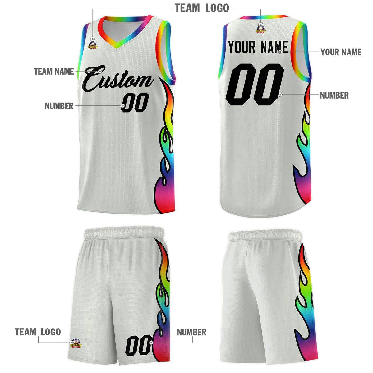 Custom Gray Side Flame Pattern Fashion Sports Uniform Basketball Jersey|KXKSHOP