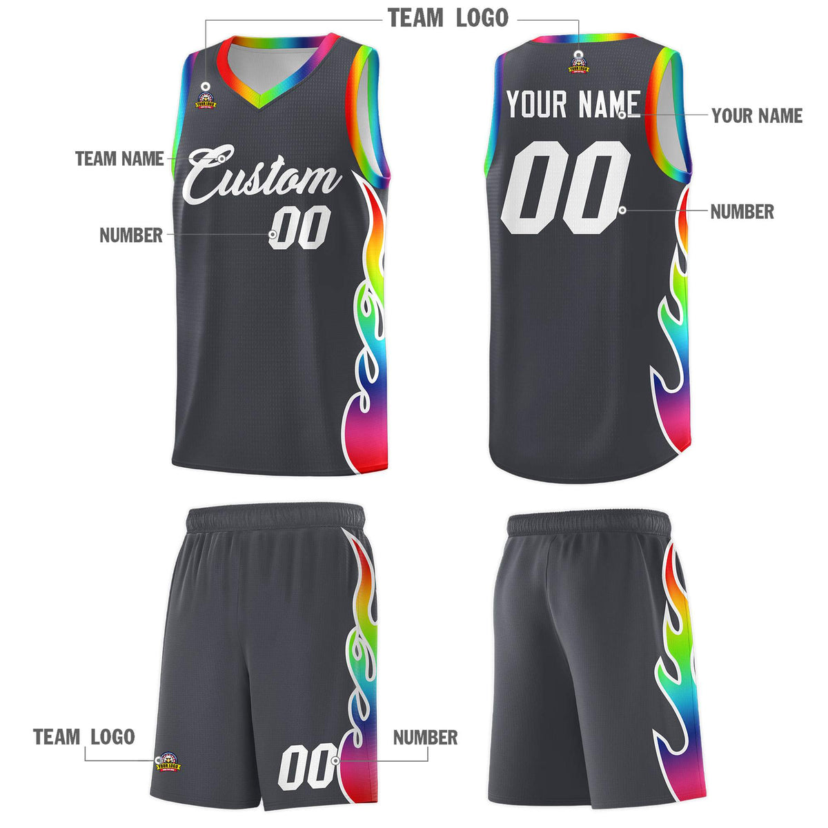 Custom Dark Gray Side Flame Pattern Fashion Sports Uniform Basketball Jersey|KXKSHOP