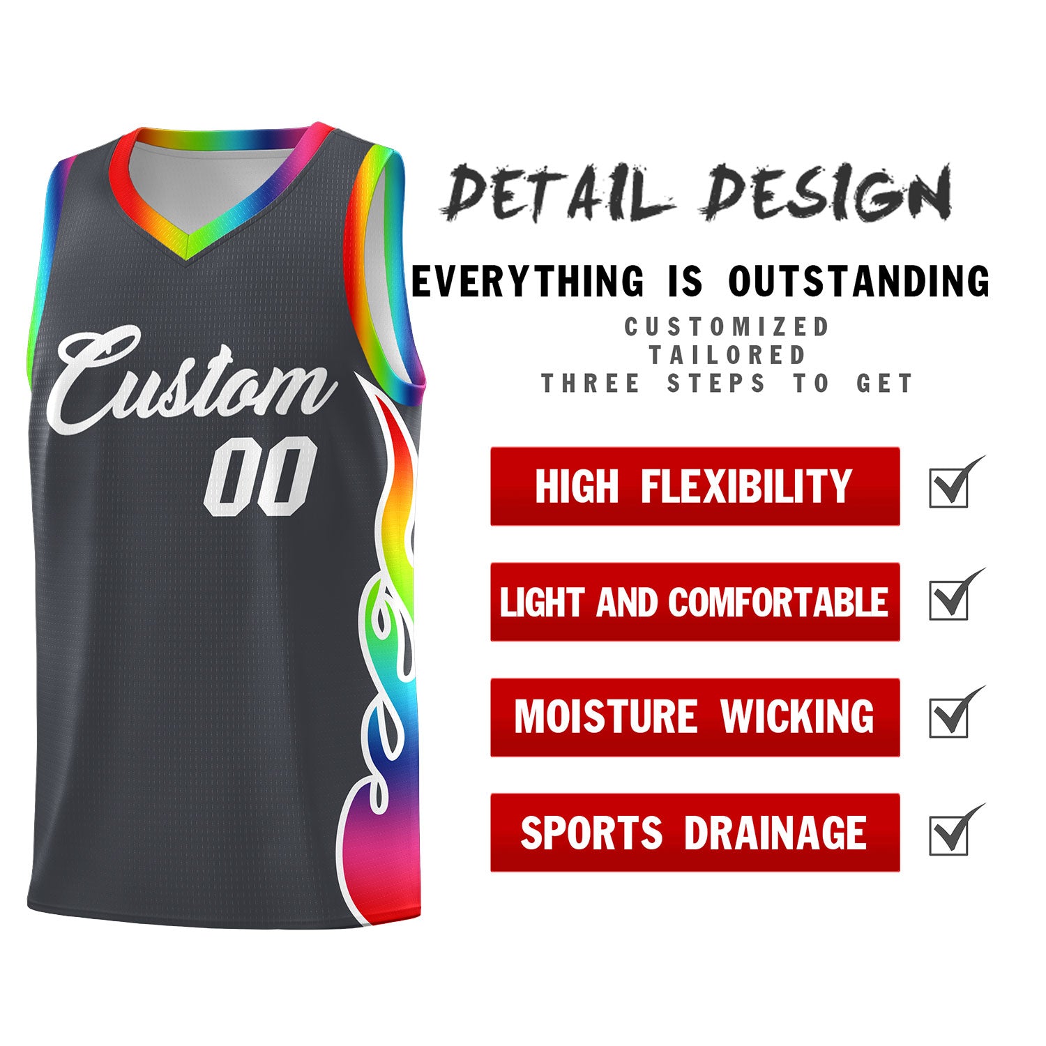 Custom Dark Gray Side Flame Pattern Fashion Sports Uniform Basketball Jersey|KXKSHOP