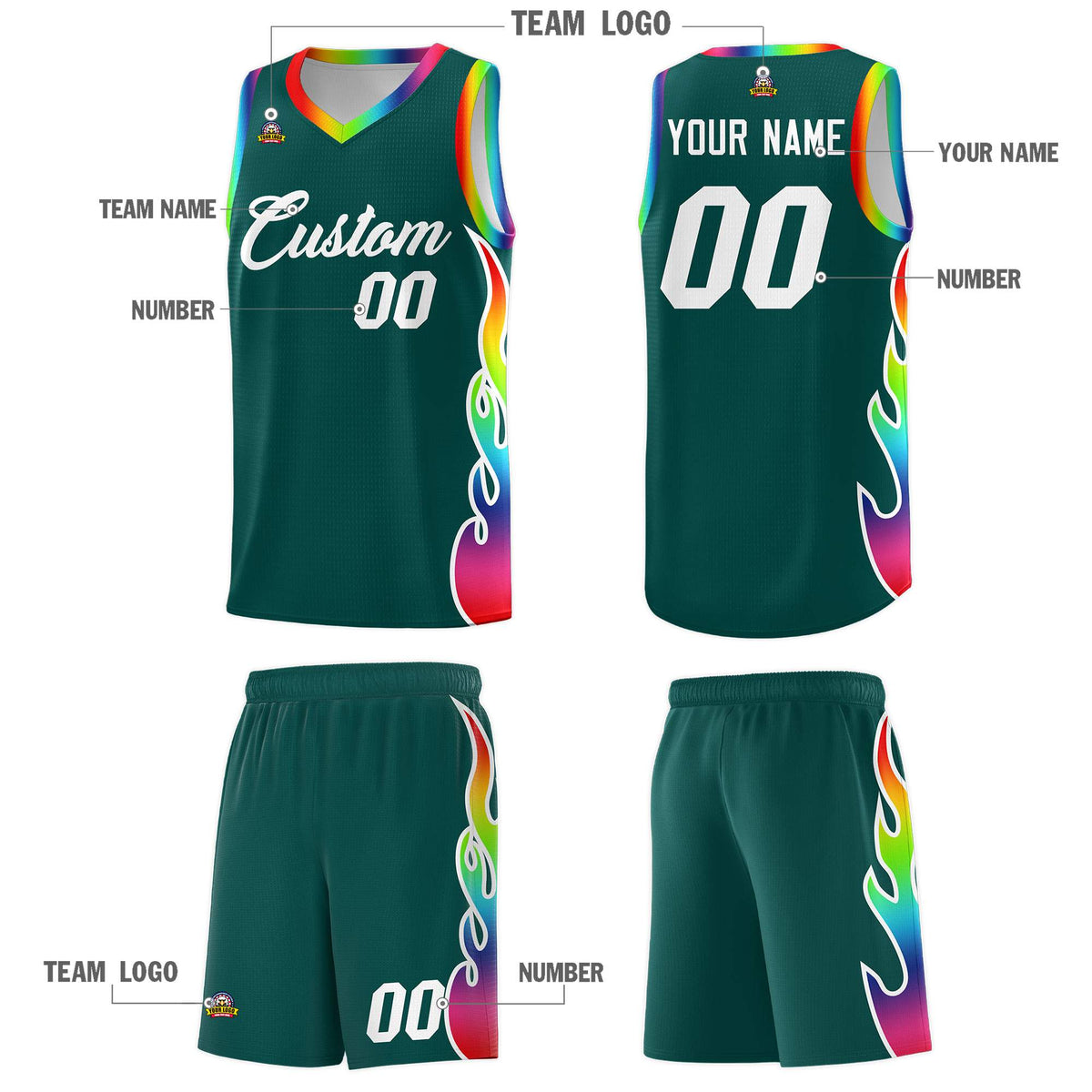 Custom Midnight Green Side Flame Pattern Fashion Sports Uniform Basketball Jersey|KXKSHOP